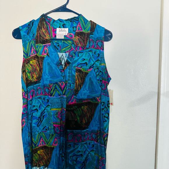 Dahan Blue Purple Funky Design Sleeveless Collared Button Up Tank Top Size M - Picture 6 of 9